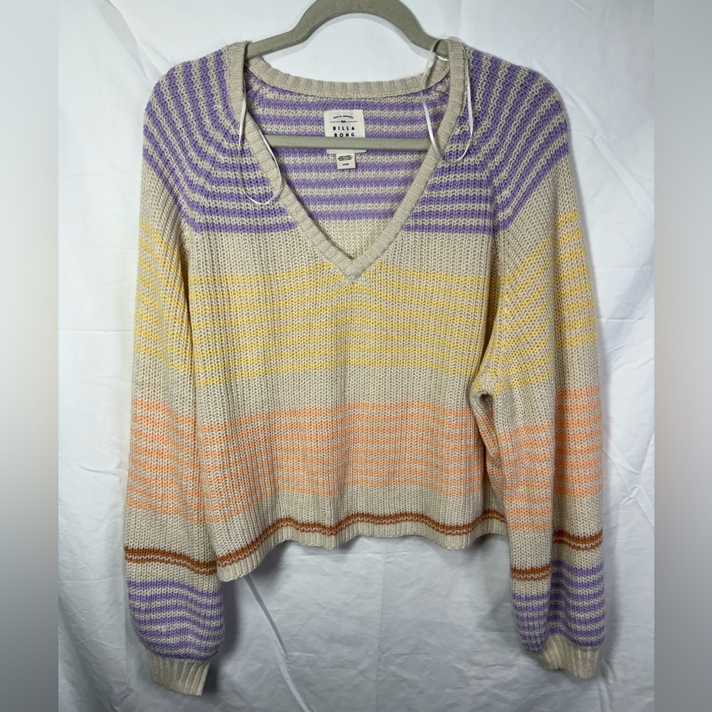 Billabong Striped V Neck Knit Sweater Multicolor Cropped Size L - Picture 3 of 6